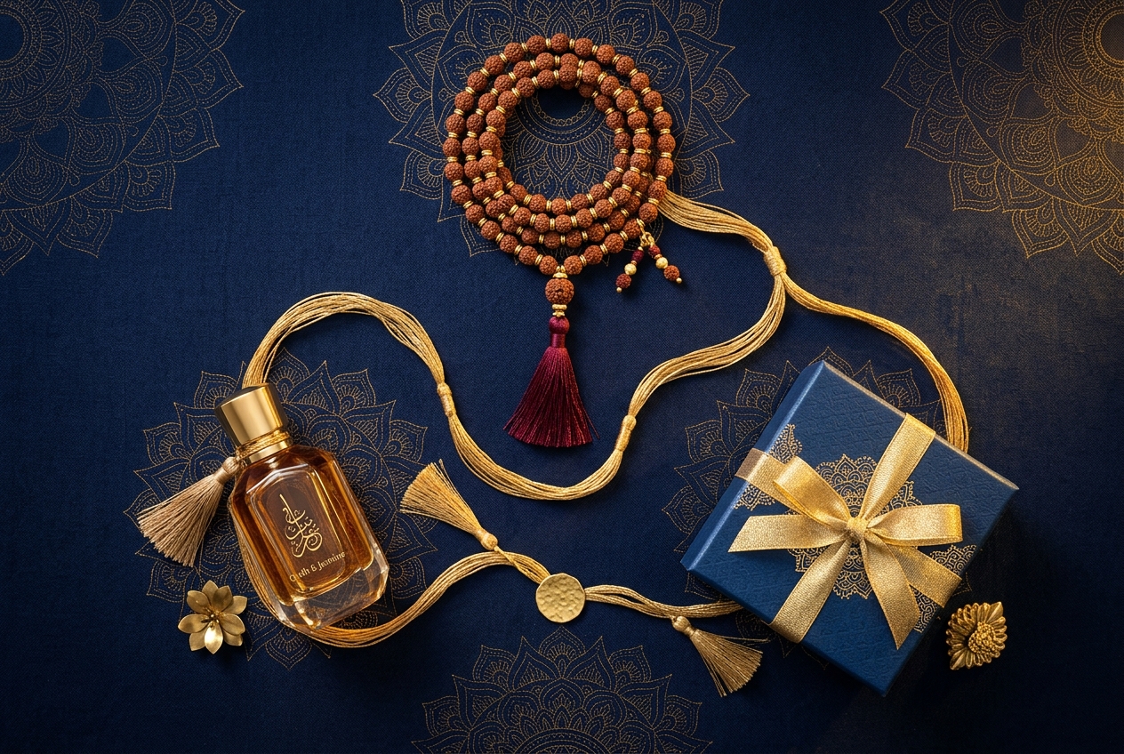 The three pillars of Tathastu Nexus: spiritual products, perfumes and corporate gifting, connected by a golden thread on a navy blue background
