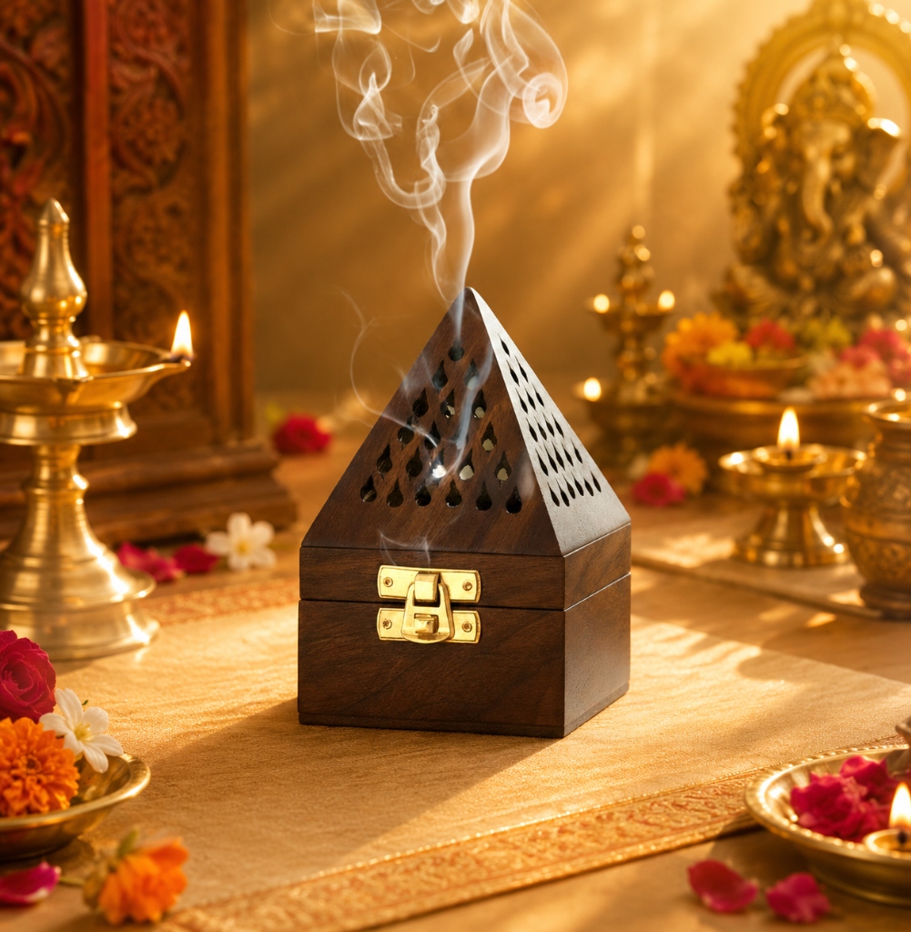 Handcrafted Wooden Pyramid Dhoop & Incense Burner Box